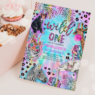 Invitation Wild One Safari Neon Rainbow Cheetah Anniversaire