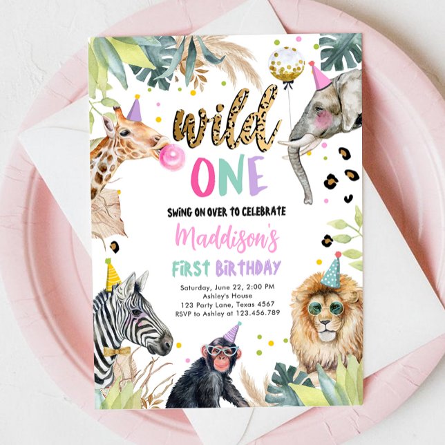 Invitation Wild One Safari Party Animaux Fille premier annive (Créateur téléchargé)