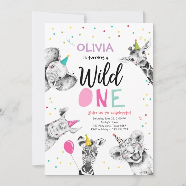 Invitation Wild One Safari Party Animaux Fille premier annive (Devant)