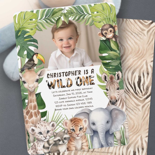 Invitation Wild one Safari thème 1er anniversaire photo (Wild one, boy 1st birthday photo invitation.)