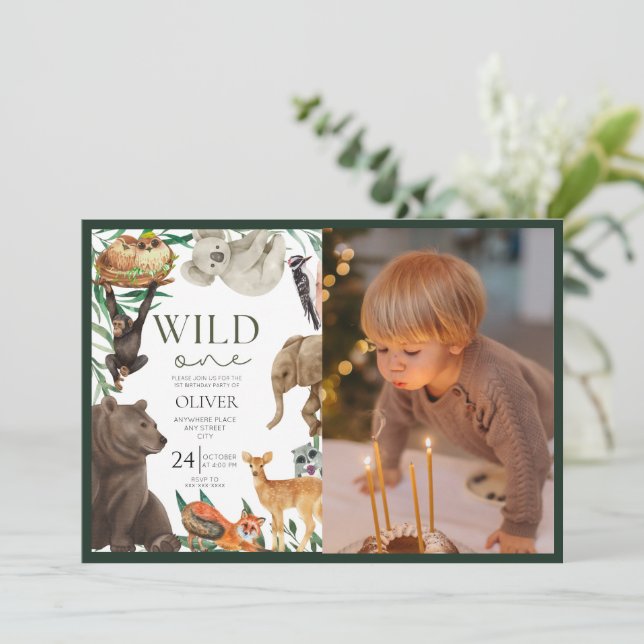 Invitation Wild one safari thème photo premier anniversaire (Debout devant)