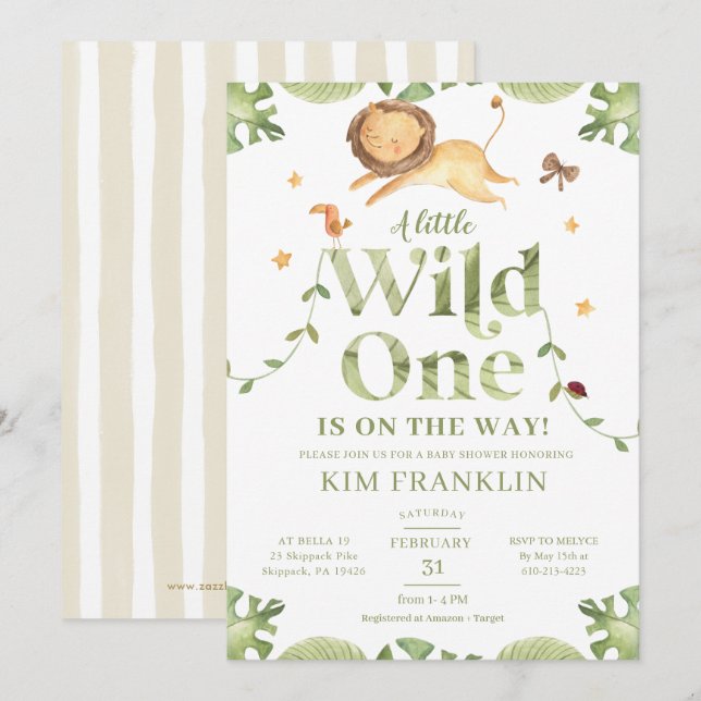 Invitation Wild One Safari vert Baby shower neutre genre (Devant / Derrière)