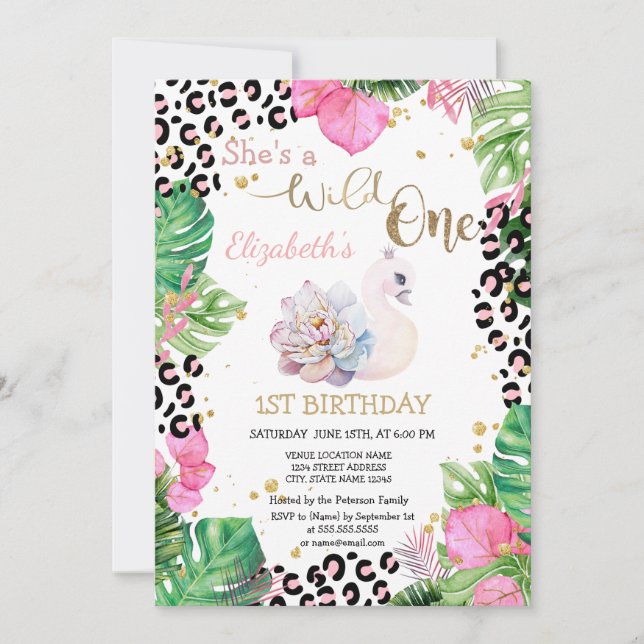 Invitation Wild One, Swan Fleur Feuilles premier anniversaire (Devant)