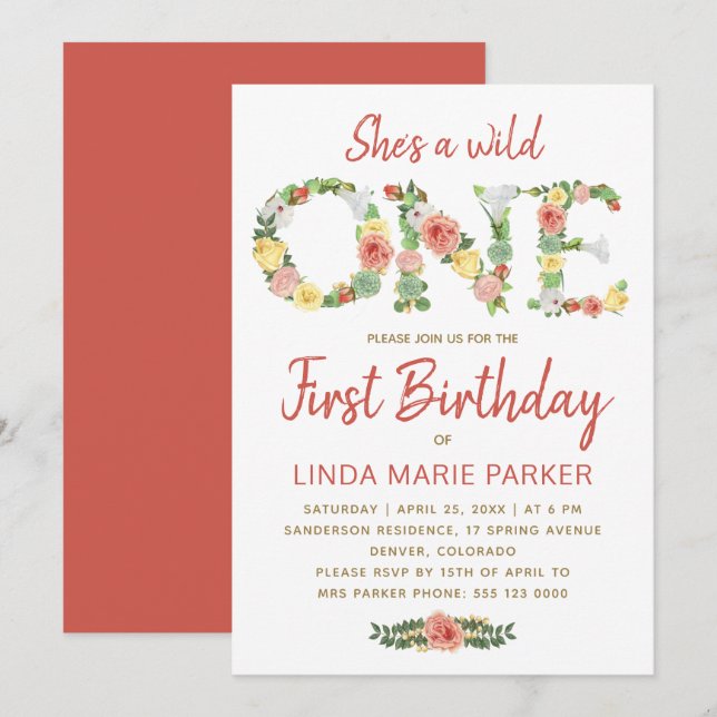 Invitation Wild ONE typographie florale fille 1er anniversair (Devant / Derrière)