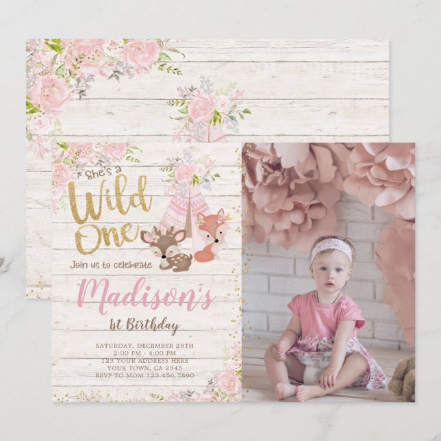 Invitation Wild One, Woodland, Tribal (Devant / Derrière)