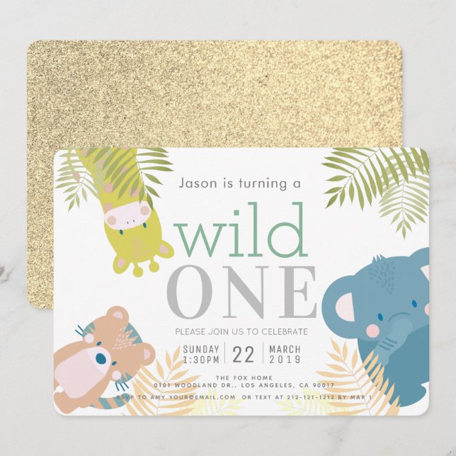 Invitation Wild One Zoo Animaux Eléphant Gold 1er anniversair (Devant / Derrière)