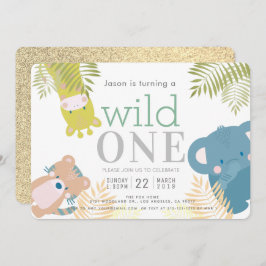 Invitation Wild One Zoo Animaux Eléphant Gold 1er anniversair