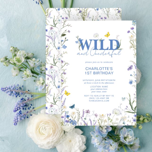 Invitation Wild & Onederful 1er anniversaire Fleur sauvage bl (1st Birthday Invitation)