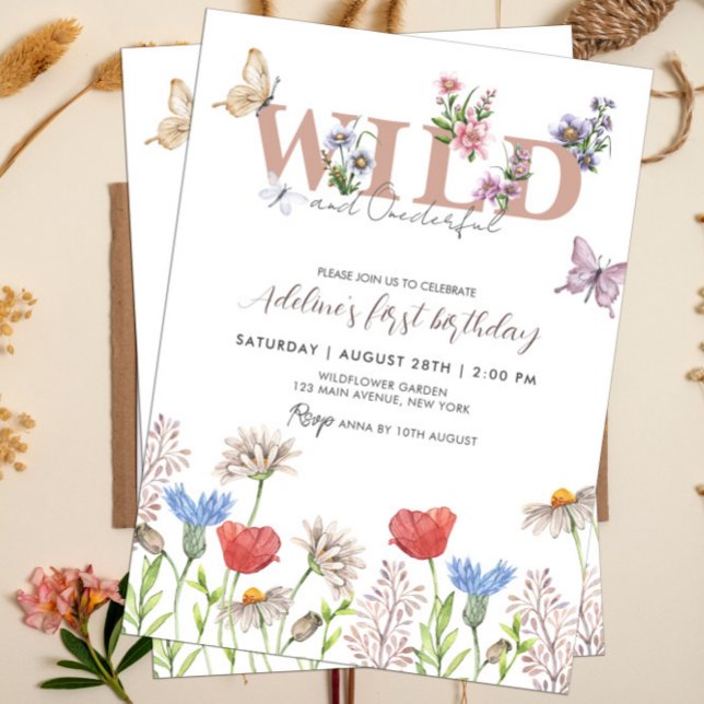 Invitation Wild & Onedering Fleur sauvage 1er Anniversaire mi (Wildflowers Wild and Onederful Birthday Girl Invitation Template)