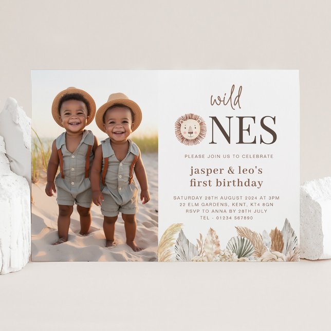 Invitation Wild Ones Twins Feuilles neutres - Photo Anniversa (Wild Ones Twins Neutral Leaves - Photo Birthday Invitation)