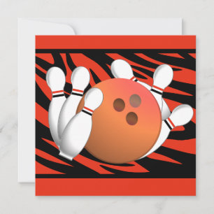 Invitation Wild Orange Zebra Stripe Bowling Party