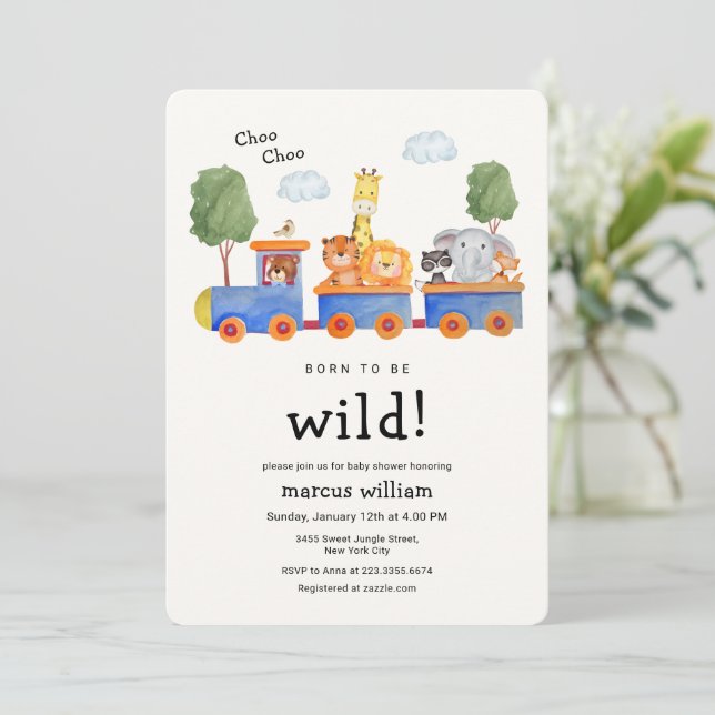 Invitation Wild Safari Zoo Animals Train Baby Shower (Debout devant)