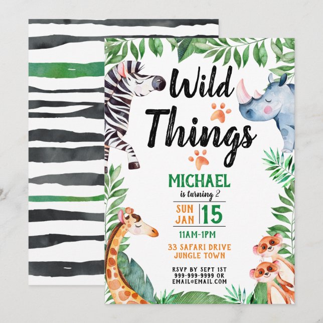 Invitation Wild Things Safari Anniversaire de enfant animal (Devant / Derrière)