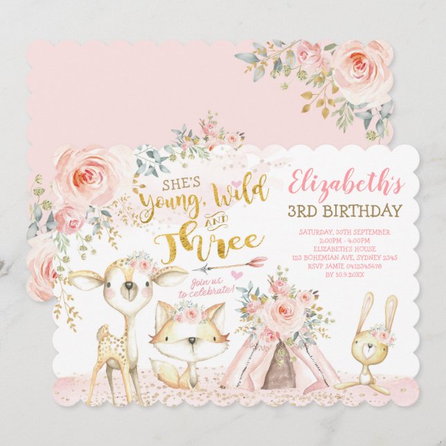 Invitation Wild & Three Tribal Woodland Animaux 3e anniversai (Devant / Derrière)
