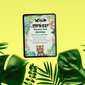 Invitation Wild & Three, Watercolor Jungle Birthday