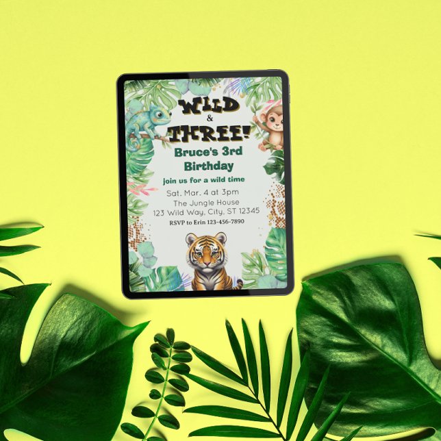 Invitation Wild & Three, Watercolor Jungle Birthday (Créateur téléchargé)