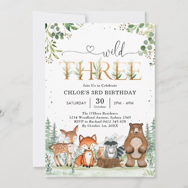 Invitation Wild Three Woodland Party Animals 3rd Birthday (Devant)
