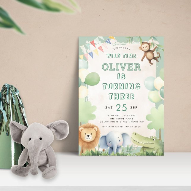 Invitation Wild Time Jungle 3e anniversaire de fête Sage (Créateur téléchargé)