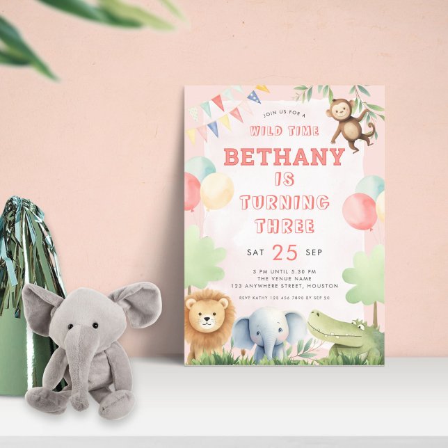 Invitation Wild Time Jungle 3e anniversaire fête rose (Créateur téléchargé)