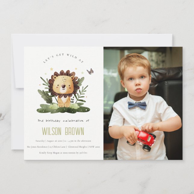 Invitation Wild Tropical Jungle Animal Lion Anniversaire Phot (Devant)