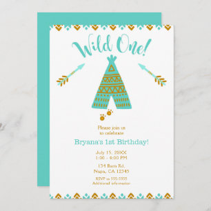 Invitation Wild Un 1er anniversaire Turquoise & Gold Tepee Pa