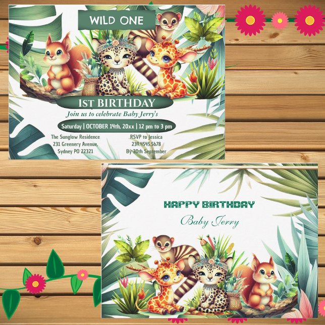 Invitation Wild Un Anniversaire Jungle Safari Tropical Green (Wild One Birthday Jungle Safari Tropical Greenery Invitation)