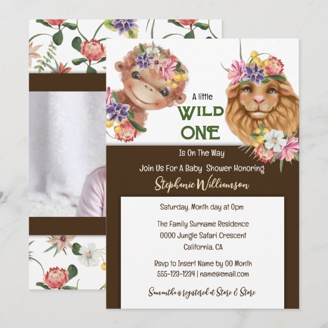 Invitation Wild un premier 1er lion singe safari bébé (Devant / Derrière)