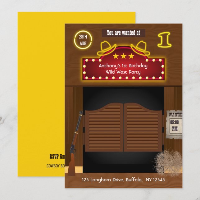 Invitation Wild West Cowboy 1er anniversaire (Devant / Derrière)
