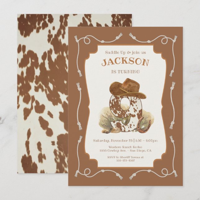 Invitation Wild West Cowboy 9e fête d'anniversaire (Devant / Derrière)