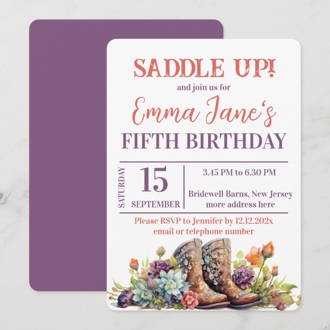Invitation Wild West Cowgirl 5e anniversaire (Devant / Derrière)