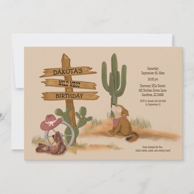 Invitation Wild West Desert Animaux Filles Graphisme Annivers (Devant)