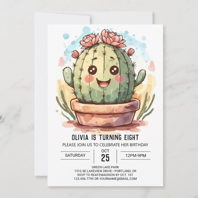 Invitation Wild West Elegant Aquarelle Cactus Fille Anniversa (Devant)