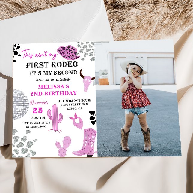 Invitation Wild West Rodeo Disco Cowgirl 2e anniversaire Phot (Créateur téléchargé)