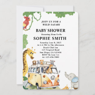 Invitation Wild Wheels Safari Animal Camper Van Baby shower