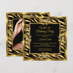 Invitation Wild Zebra Gold Black Pearl Photo 30e anniversaire