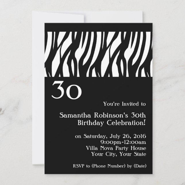 Invitation Wild Zebra Noir avec blanc 30e réception Invitatio (Devant)