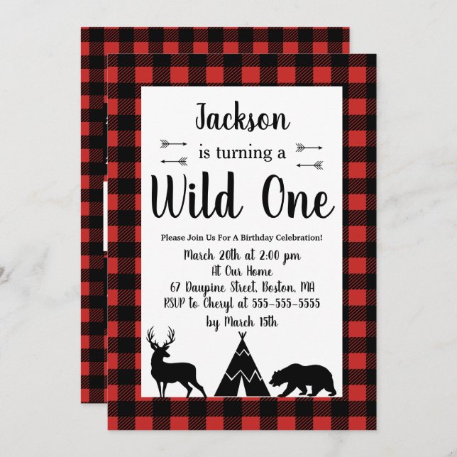 Invitation Wilderness rustique & Animal Plaid Wilthday (Devant / Derrière)