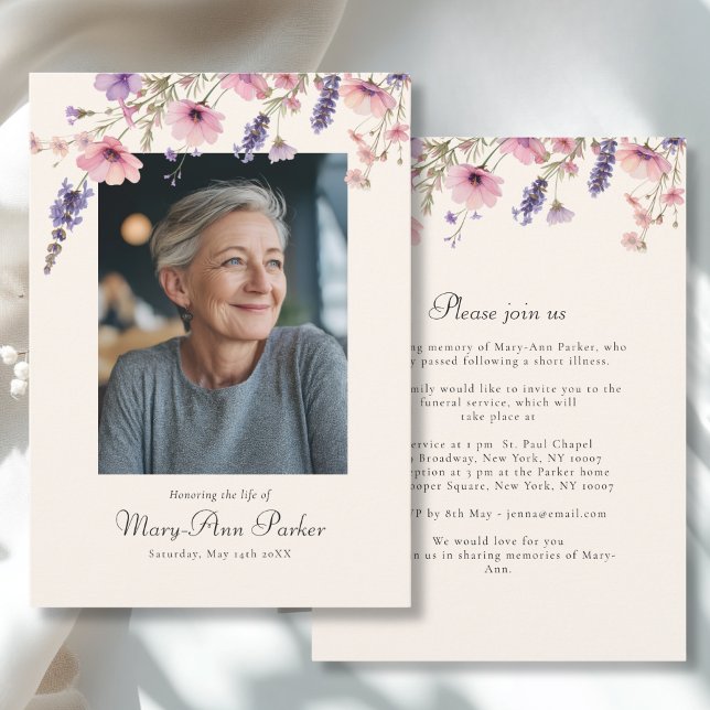 Invitation Wildflower "Celebration of Life" Photo Funeral  (Wildflower "Celebration of Life" Photo Funeral White Purple Pink Invitation)