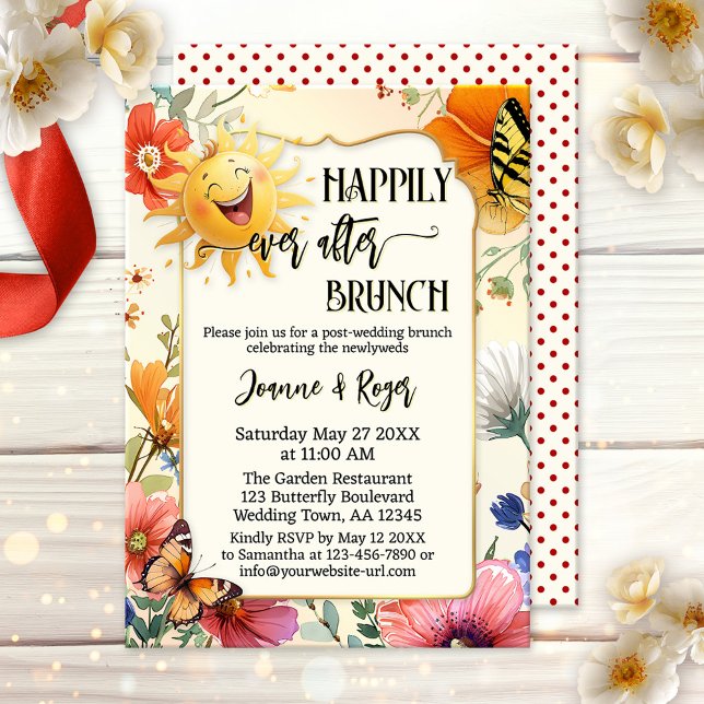 Invitation Wildflower Happily Ever After Wedding Brunch (After wedding brunch invitation featuring a cheerfully laughing sun with colorful wildflowers)