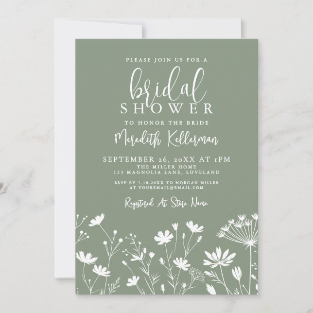Invitation Wildflower Sage Green Bridal Shower (Devant)