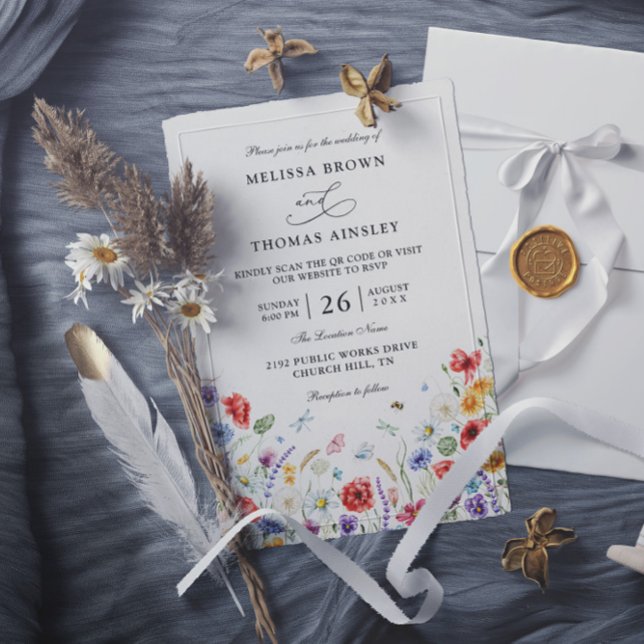 Invitation Wildflowers Elegant Modern Budget QR Code Wedding (Créateur téléchargé)