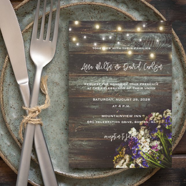 Invitation Wildflowers on Wood String Lights Rustic Wedding (Créateur téléchargé)