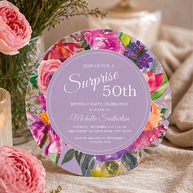 Invitation Wildflowers Purple Pink 50th Birthday (Round 50th birthday party invitation with purple and pink watercolor wildflowers)