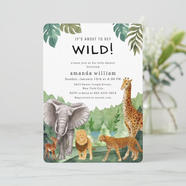Invitation Wildlife Jungle Sarafi Animals Forest Baby Shower  (Debout devant)