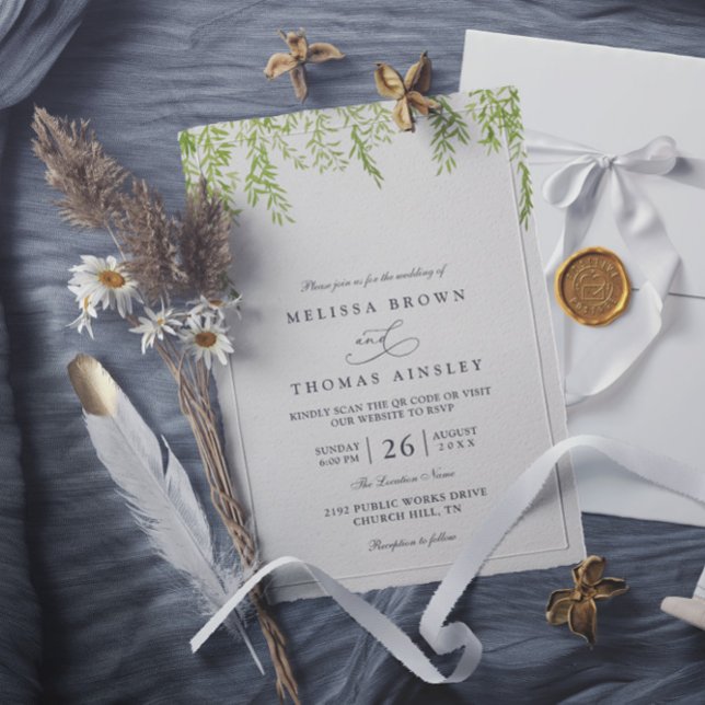 Invitation Willow Tree Rustic Greenery Modern QR Code Wedding (Créateur téléchargé)