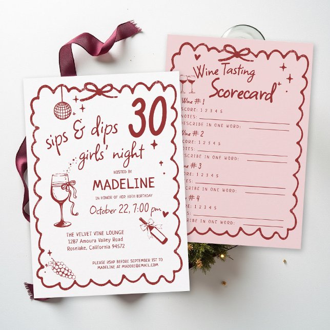 Invitation Winery Girls Night Out Wine Tasting 30th Birthday (winery girls night out birthday invitation wine tasting scorecard red burgundy pink napa sonoma )