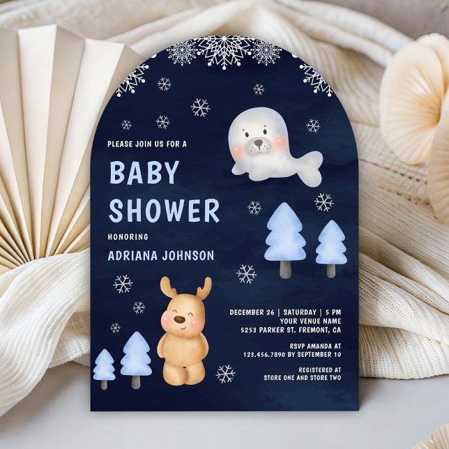 Invitation Winter Arctic Animals Navy Blue Baby Shower (Créateur téléchargé)