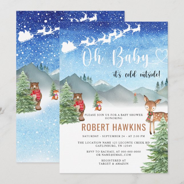Invitation Winter Baby Son froid dehors Baby shower garçon (Devant / Derrière)