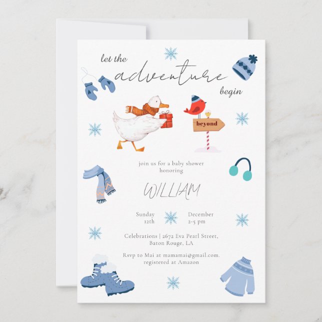 Invitation Winter Blue Adventure commence Baby shower (Devant)