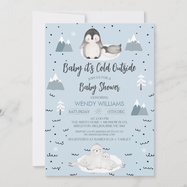 Invitation Winter Blue Boys Arctic Animaux Baby shower (Devant)